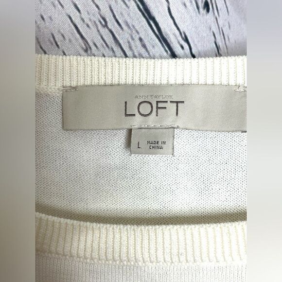 Loft Ivory Cotton Crewneck Sweater with Polyester Sleeves L - Picture 6 of 7